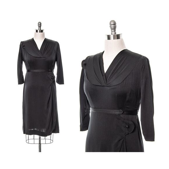 Vintage 1930s Dress 30s Black Silk Draped Sarong Sheath Cocktail LBD Art Deco - Picture 1 of 10